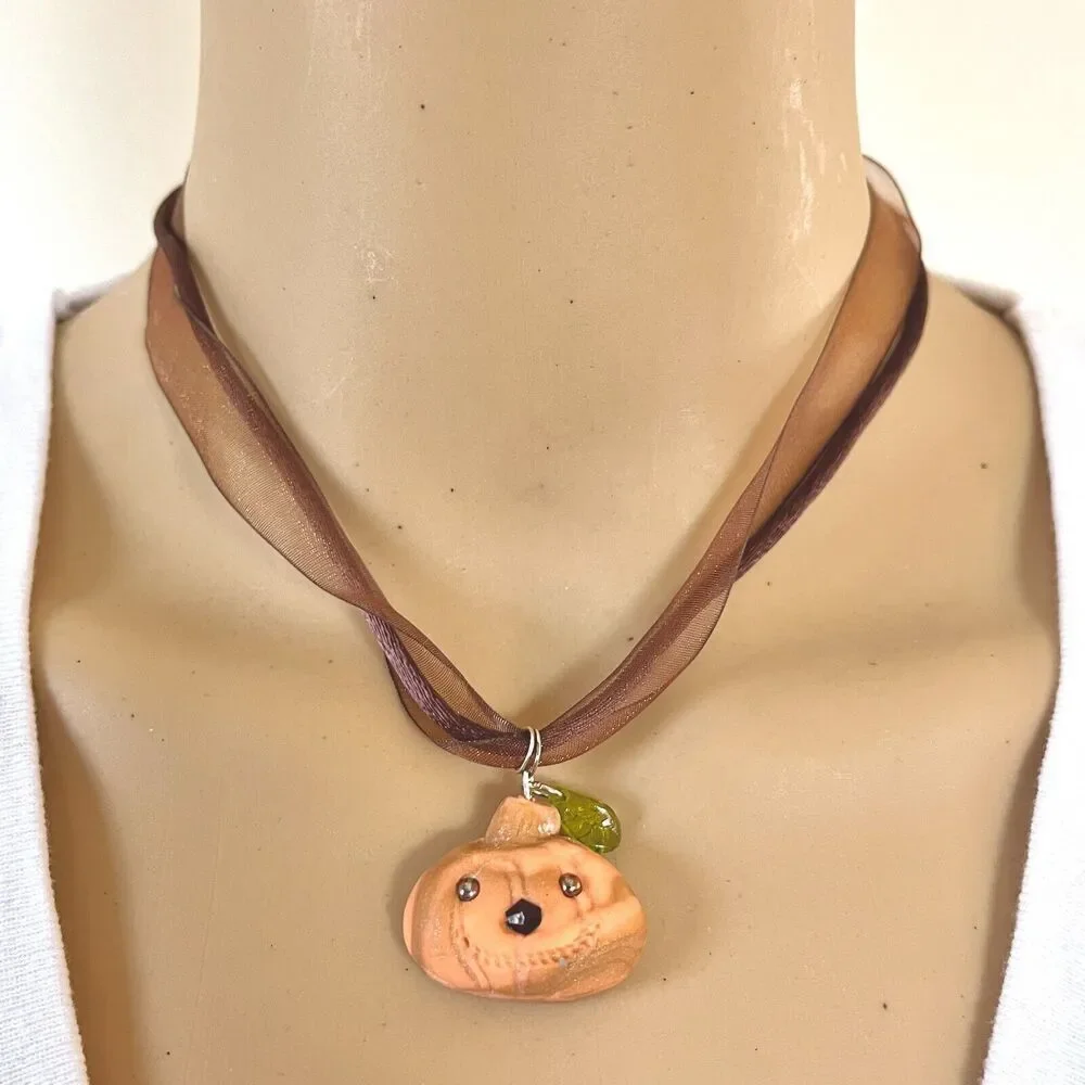 Pumpkin Necklace Polymer Clay Pendant Jack O Lantern Halloween Silver 925 Clasp